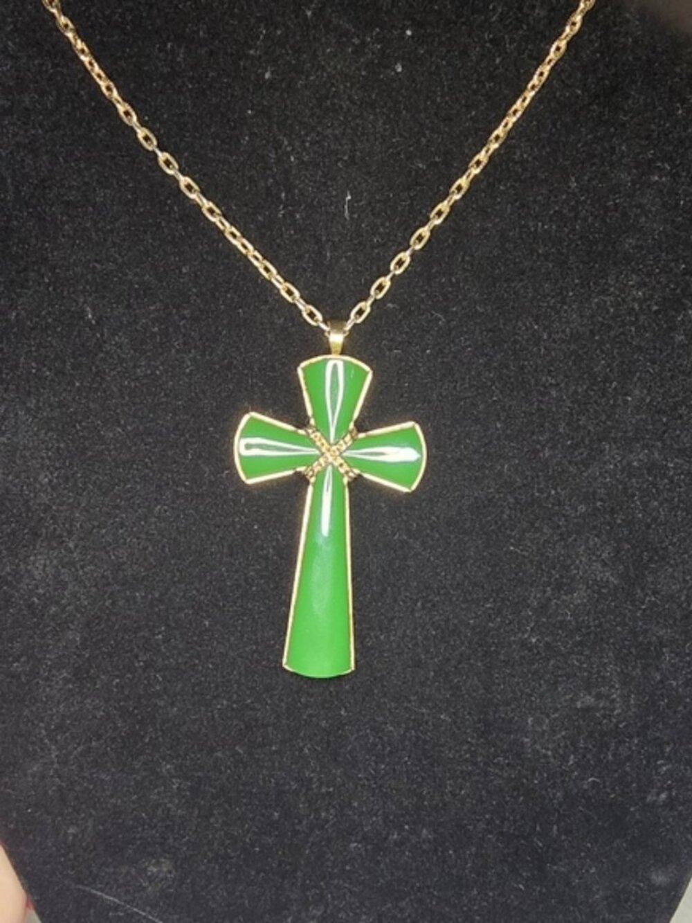 Avon Jade Colored Cross Pendant on a gold tone chain